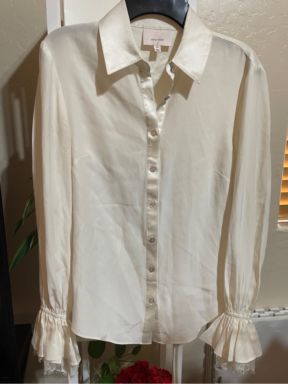 cinq a sept Ivory Satin-Trim Button Down Blouse